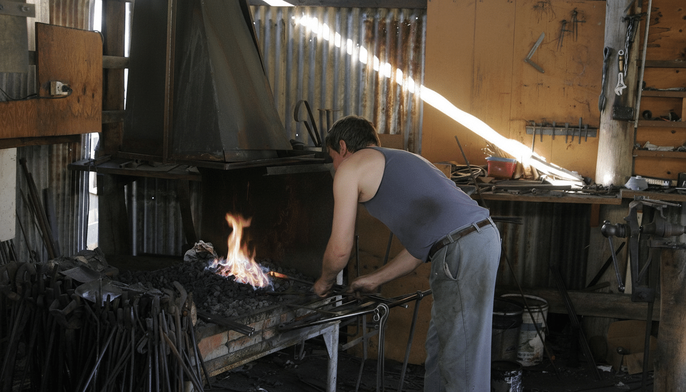 A man in a blue tank top and green pants works at a forge , st oking a fire in a rustic workshop .