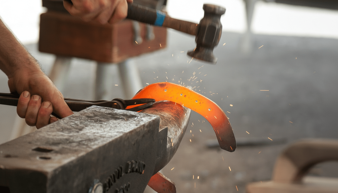 A blacksmith hammering a glowing hot horseshoe on an anvil , creating sparks.