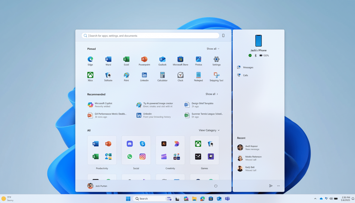 A screenshot of the Windows 11 Start menu with various pinned and recommended applications, and a Jacks iPhone widget showing messages and calls.