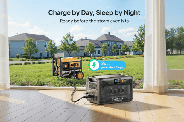 A black BL UETTI power station and a yellow generator are displayed in a professional setting with a message about charging.