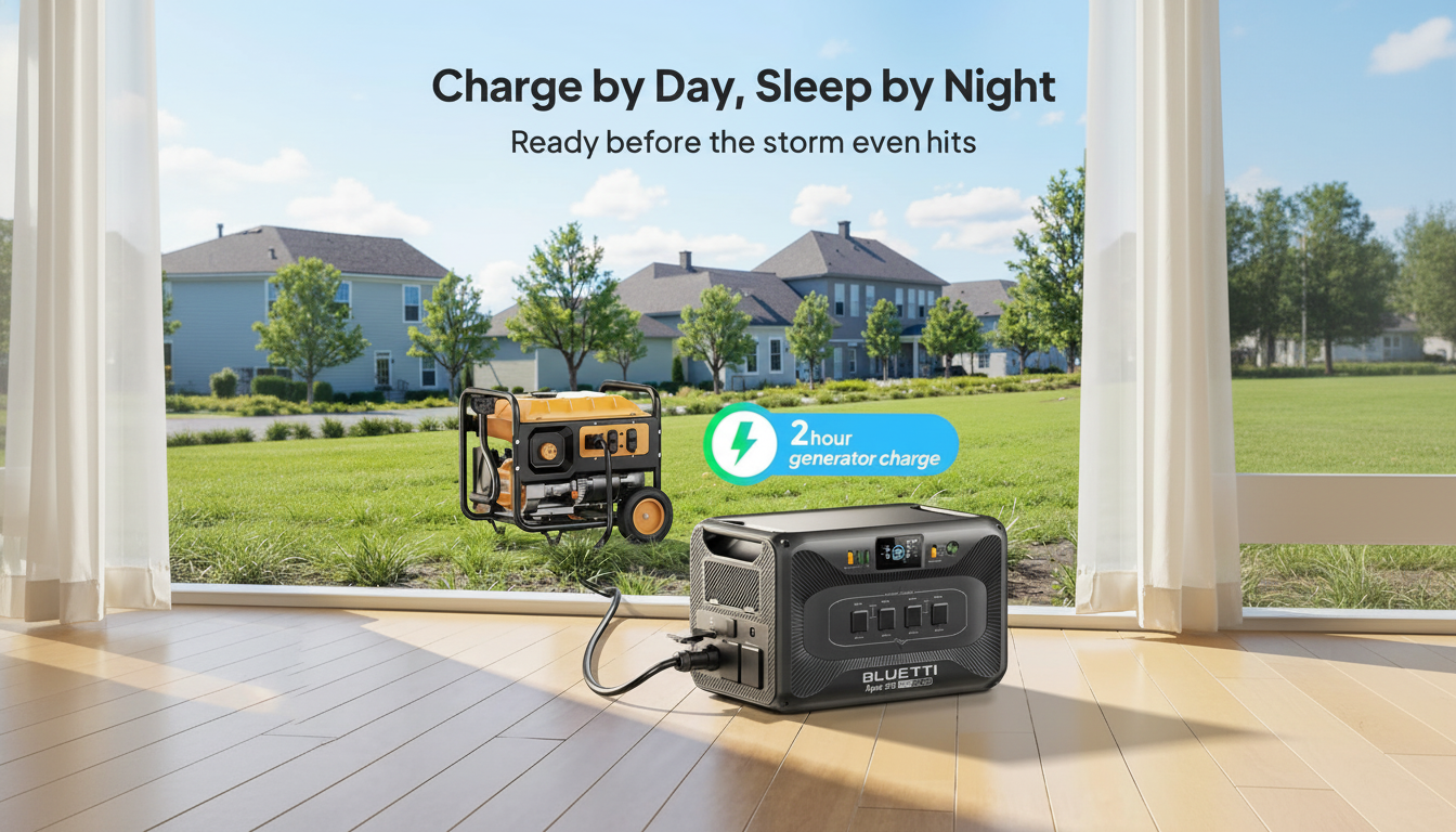 A black BL UETTI power station and a yellow generator are displayed in a professional setting with a message about charging.
