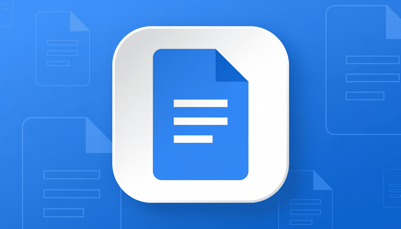 A blue document icon with a folded corner, featuring three white horizontal lines representing text, centered within a white rounded square with a subtle shadow, set against a blue background with faint , repeating document icons .