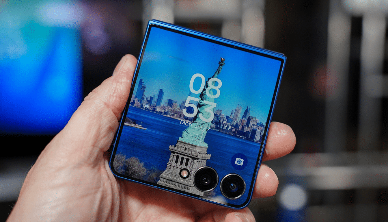 A hand holds a blue foldable smartphone displaying a New York City skyline and the Statue of Liberty on its screen. The time 08:5 3 is visible .