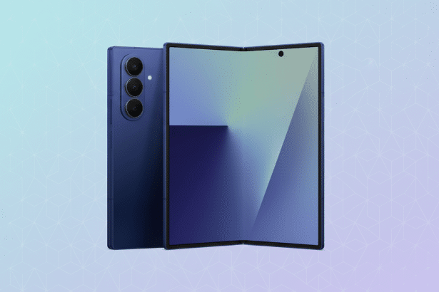 A blue foldable smartphone with a triple camera setup on the back, shown slightly angled. The front screen displays a blue and light green gradient, a