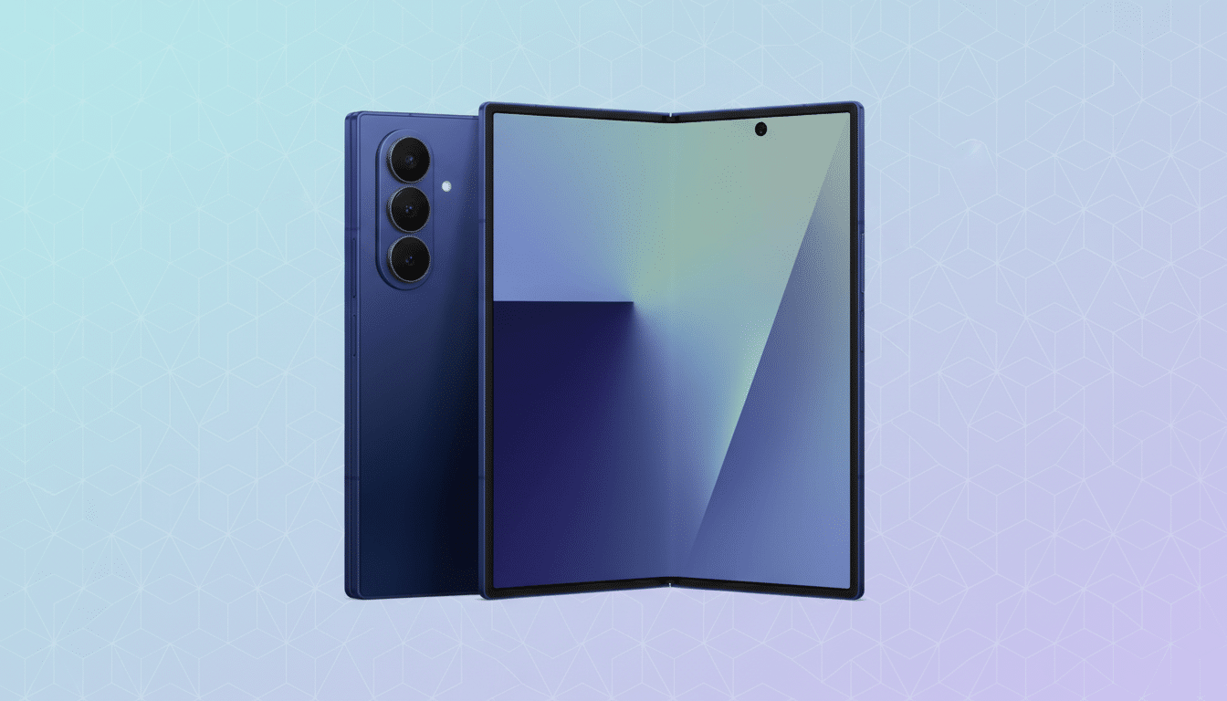 A blue foldable smartphone with a triple camera setup on the back, shown slightly angled. The front screen displays a blue and light green gradient, a