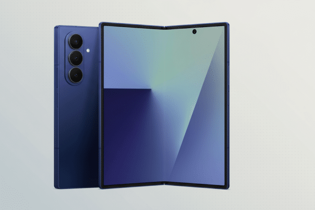 A blue foldable smartphone with a triple camera setup on the back, shown partially folded with a gradient display, presented against a professional flat design background with a subtle pattern and gradient. Filename : bluefold ablesmartphone professional .png