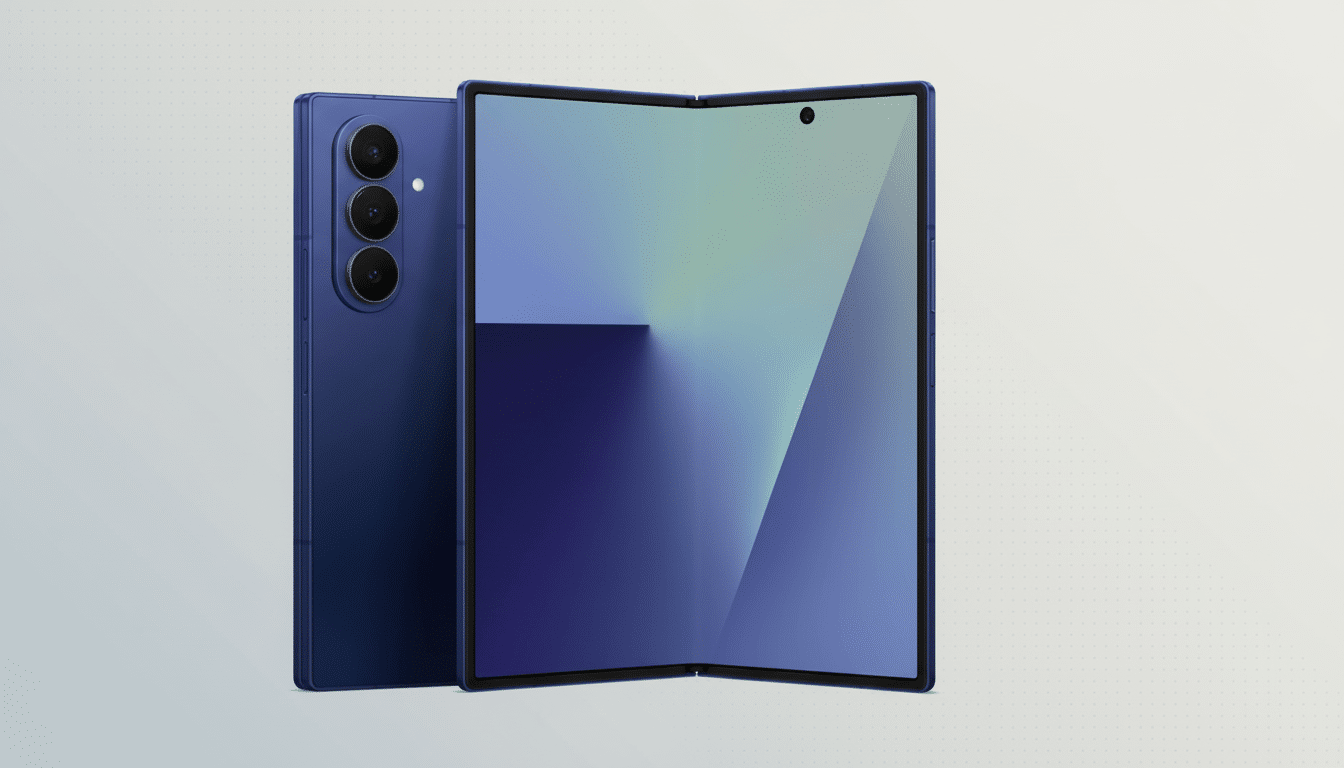 A blue foldable smartphone with a triple camera setup on the back, shown partially folded with a gradient display, presented against a professional flat design background with a subtle pattern and gradient. Filename : bluefold ablesmartphone professional .png