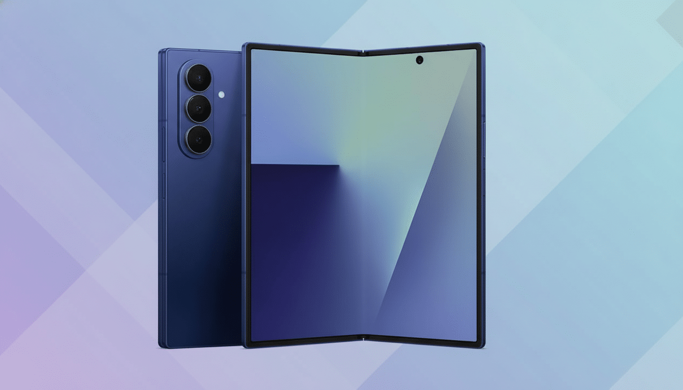 A blue foldable smartphone with a triple camera setup on the back, shown partially folded with a gradient display, set against a professional background with soft blue and purple gradients. Filename : bluefold ablesmartphone professional .png