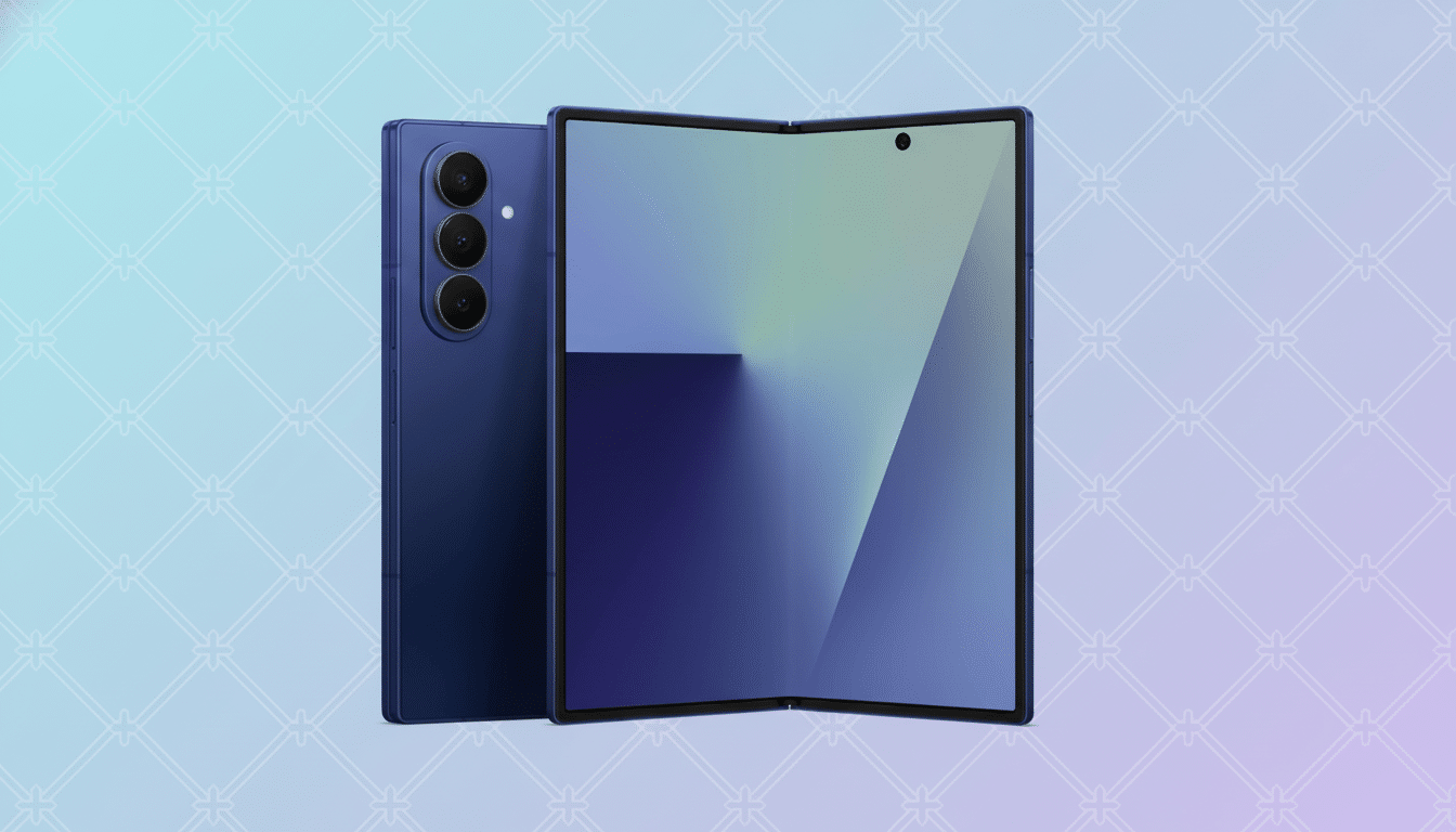 A blue foldable smartphone, partially folded and displaying a gradient screen, with its back showing a triple camera setup . The background is a soft gradient with a subtle geometric pattern. Filename : bluefold ablesmartphone professional .png