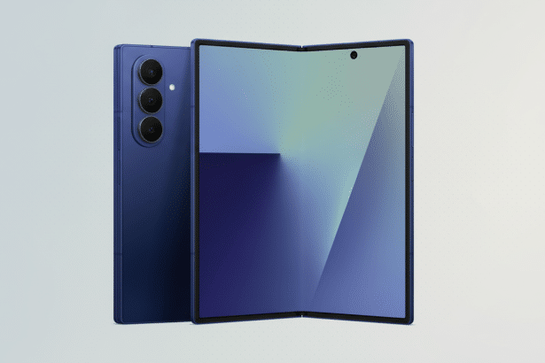 A professional image of a blue foldable smartphone, with its back showing three cameras and the screen displaying a blue and green gradient.