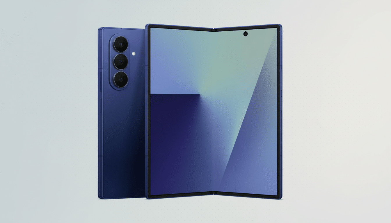 A professional image of a blue foldable smartphone, with its back showing three cameras and the screen displaying a blue and green gradient.