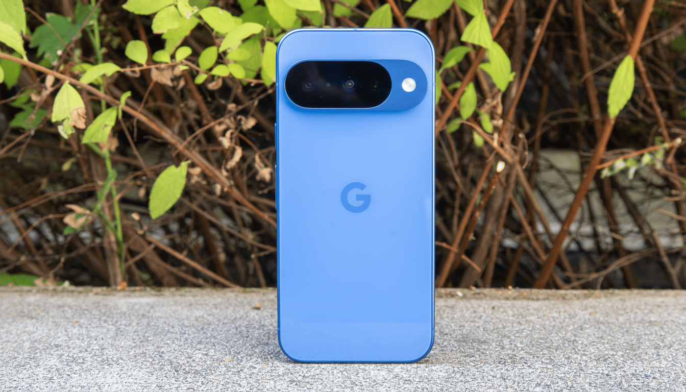 A blue Google Pixel smartphone is shown vertically on a concrete surface with green foliage and intertwined branches in the background , adhering to a 1 6:9 aspect ratio. Filename : bluegoogle pixel1 69 enhanced .png