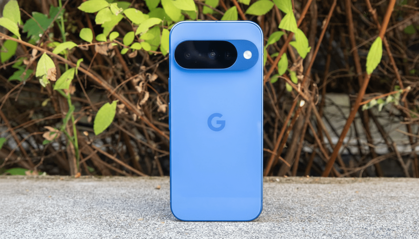 A blue Google Pixel 7 phone viewed from the back, showing the camera bar and Google logo, set against a natural background of green leaves and brown b