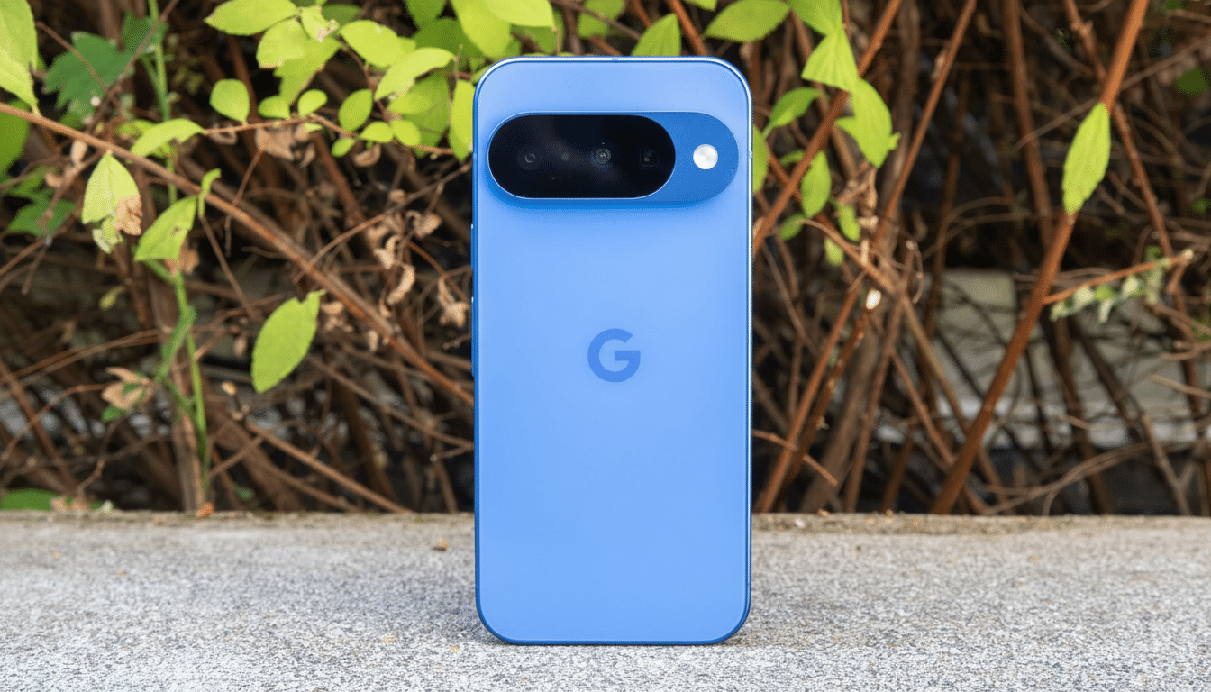 Blue Google Pixel phone with a black camera bar, resting on a concrete surface with green leaves and brown branches in the background.