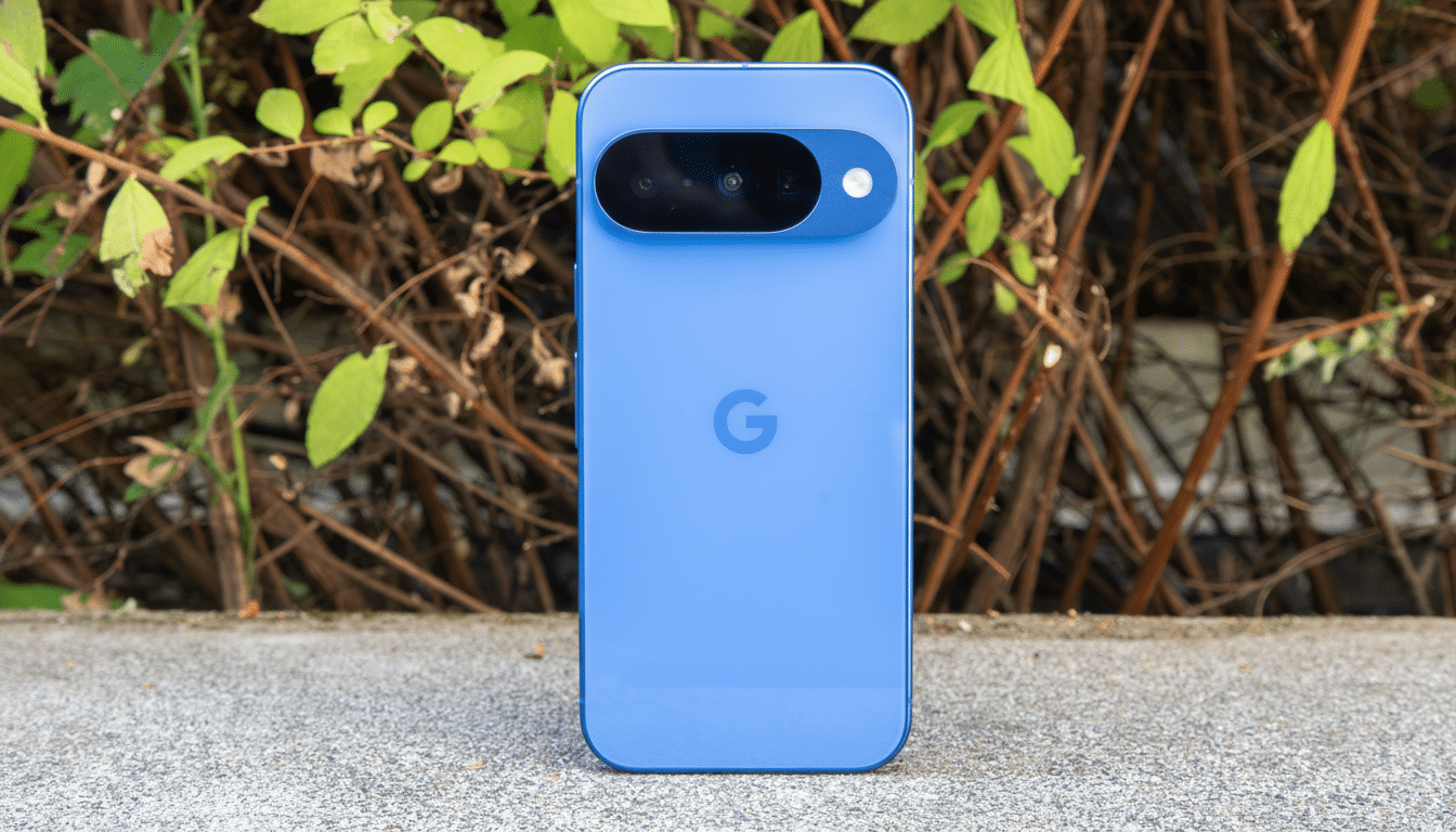 A blue Google Pixel smartphone displayed vertically on a concrete surface with a natural background of green leaves and brown branches.