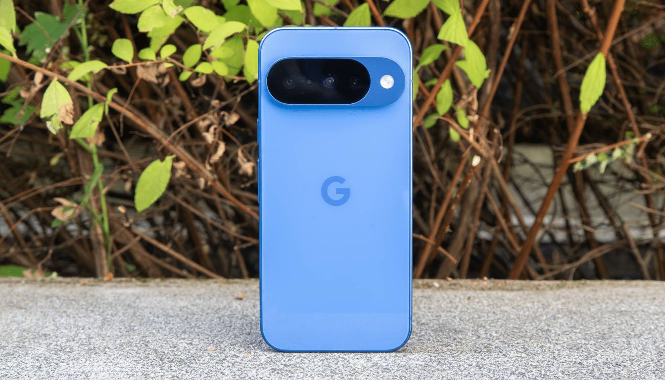 A blue Google Pixel smartphone displayed vertically on a concrete surface with a natural background of green leaves and brown branches .