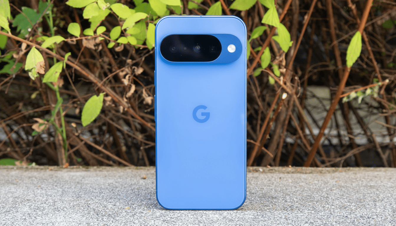 A blue Google Pixel smartphone is centered on a concrete ledge , with green leaves and brown branches in the blurred background. The phone' s camera bar is visible at the top.