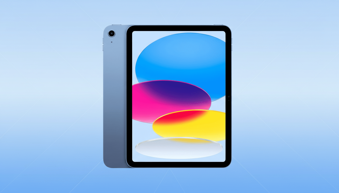 alt text: A blue iPad ( 10th generation ) is shown at a slight angle on a subtle light blue backgro