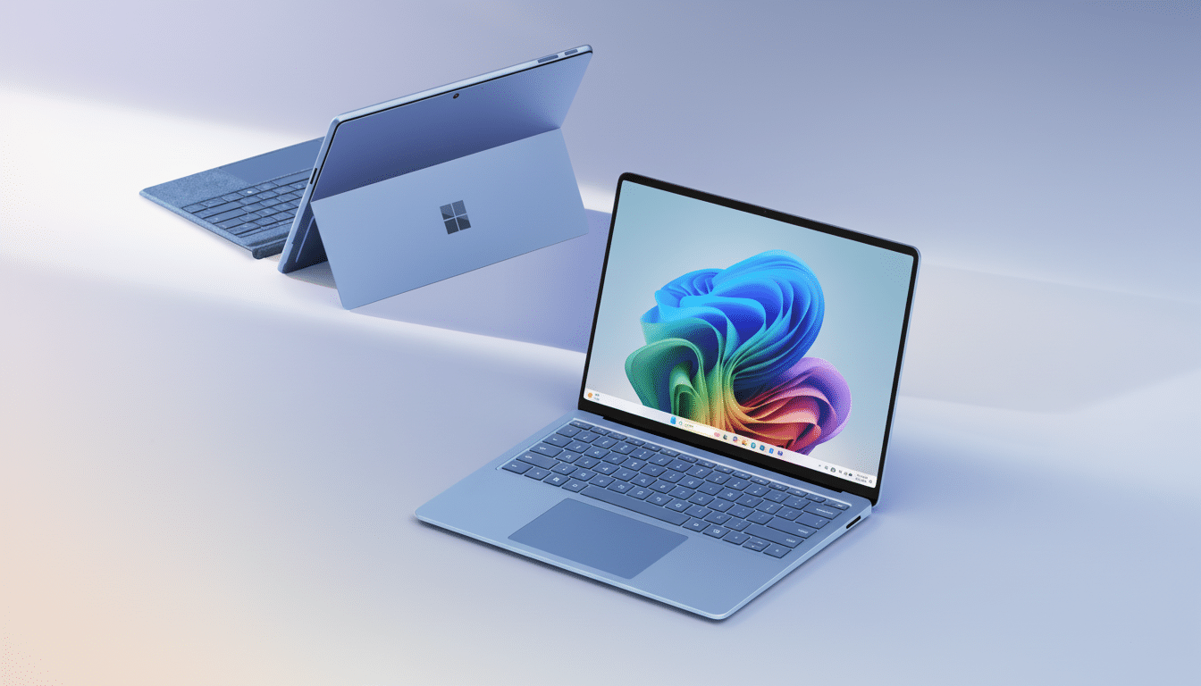 A blue laptop open with a colorful desktop background next to a blue tablet with the Microsoft logo, both on a smooth light blue and purple surface.