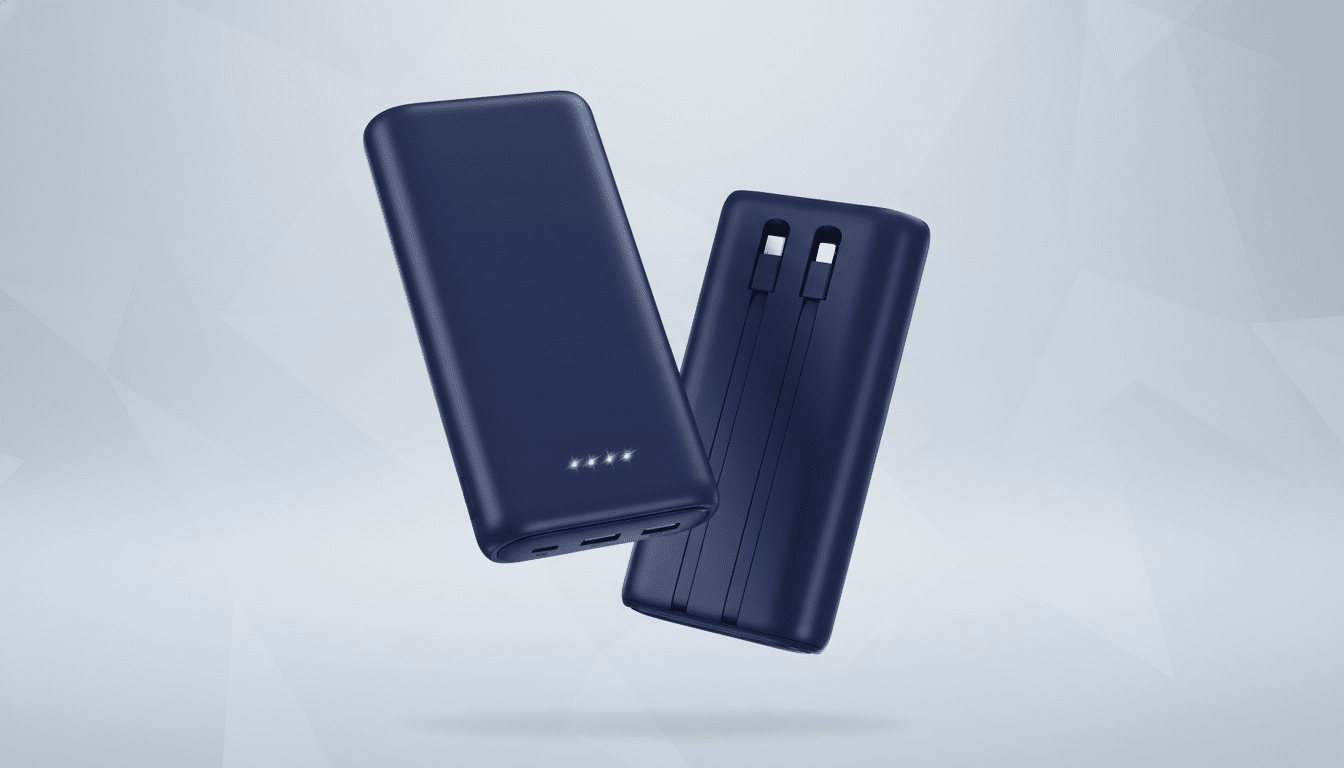 alt text: Two blue power banks, one showing its charging lights and the other its integrated cable