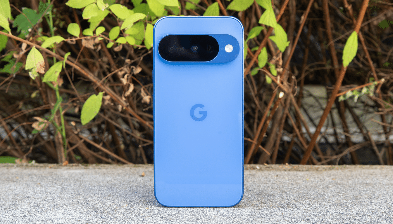 A blue smartphone with a G logo on the back, displaying a horizontal camera bar, set against a natural background of green leaves and brown branches.