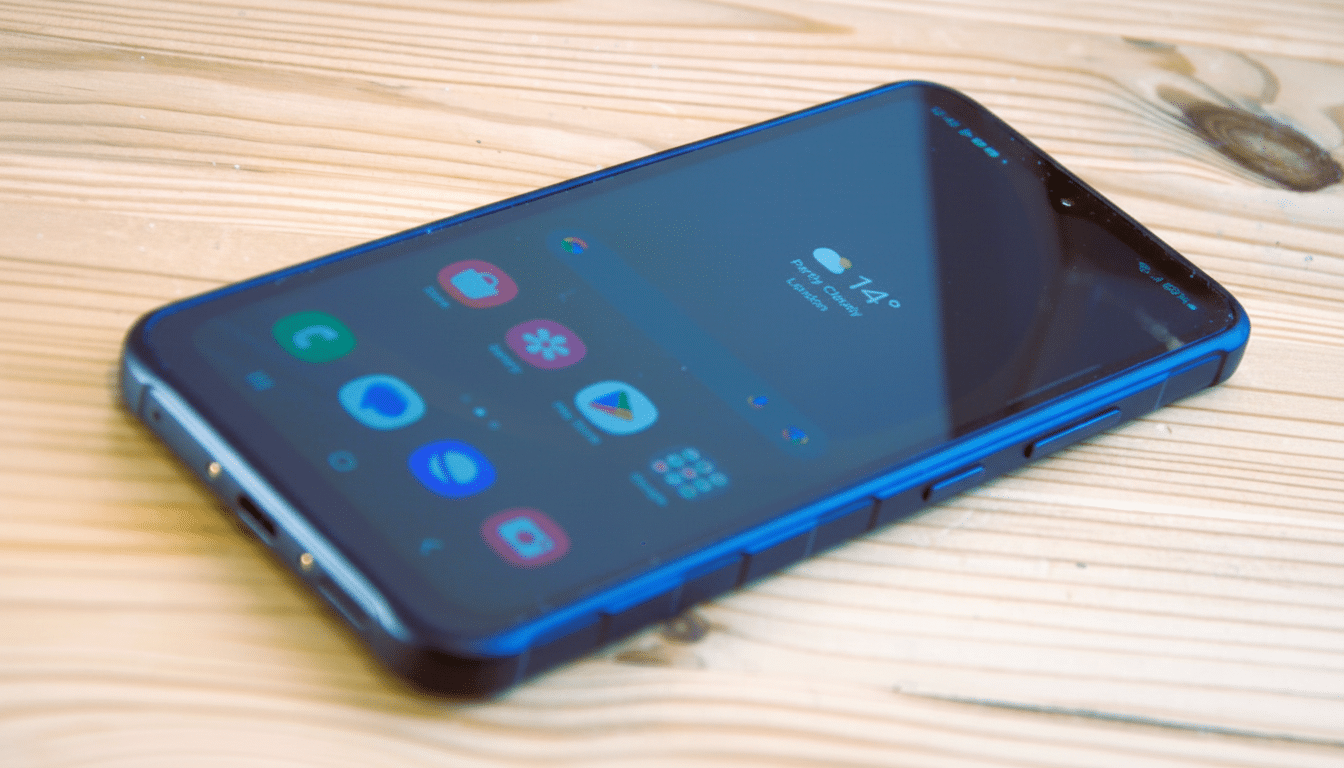 A blue smartphone with a screen displaying various app icons and a weather widget showing 14 degrees Celsius and partly cloudy in London, lying on a l