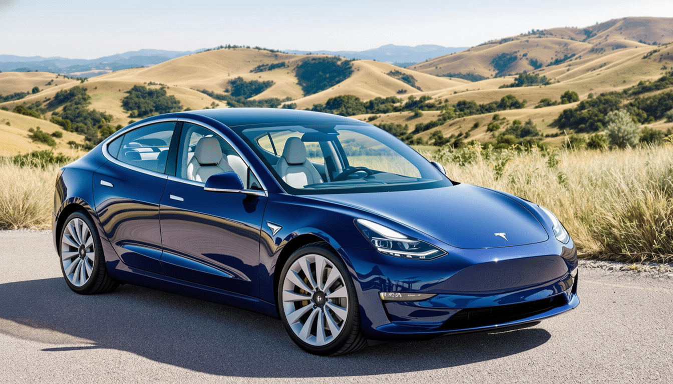 A blue Tesla Model 3 is parked on an asphalt road with rolling hills and dry grass in the background under a clear sky.