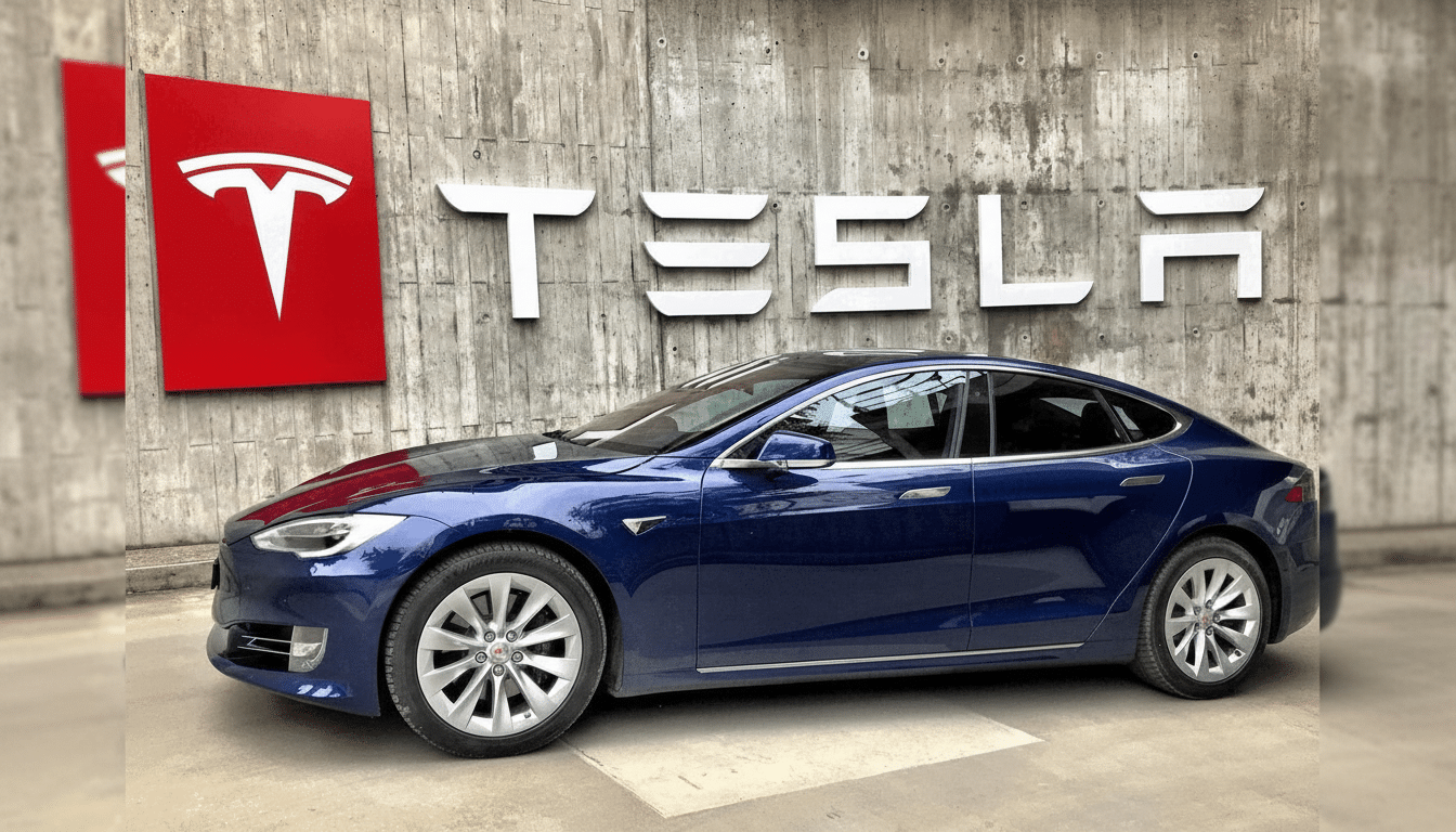 A blue Tesla Model S parked in front of a concrete wall with the red Tesla logo and white TESLA lettering.