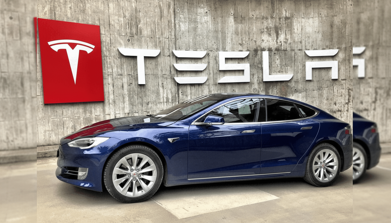 A blue Tesla Model S parked in front of a concrete wall with the red Tesla logo and white TESLA lettering.