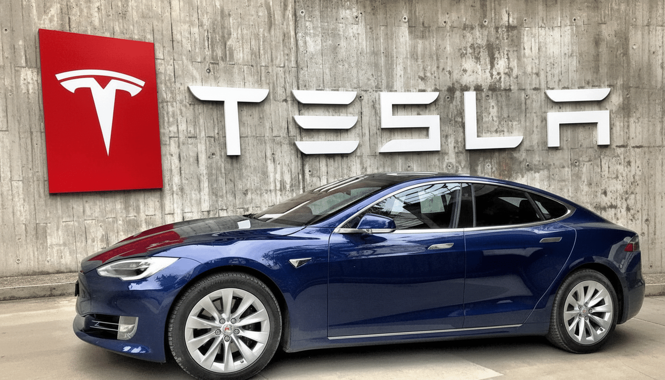 A blue Tesla Model S parked in front of a concrete wall with the red Tesla logo and white TESLA lettering.