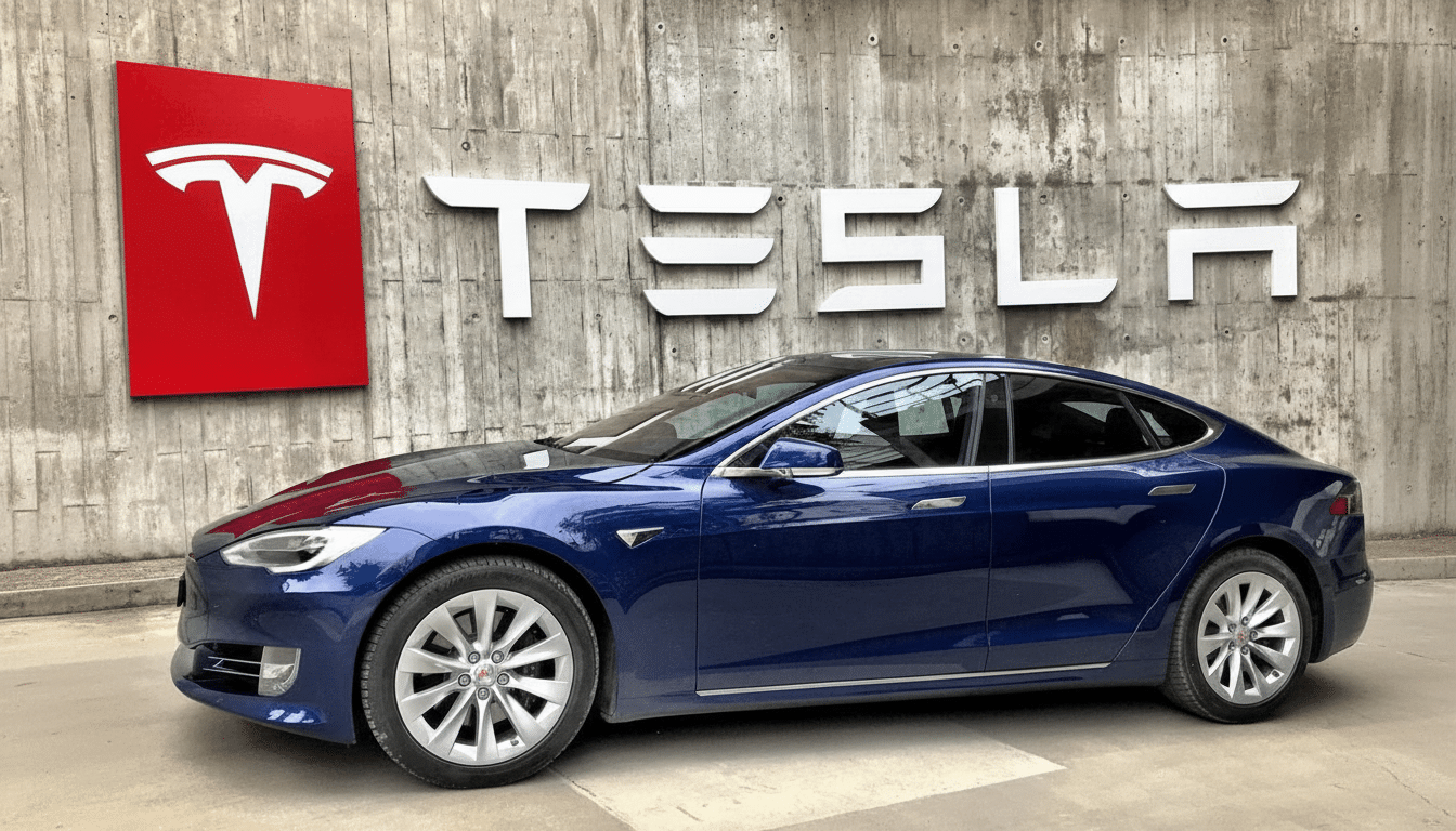 A blue Tesla Model S parked in front of a concrete wall with the red Tesla logo and white TESLA lettering. Filename : blue teslamodel slogo .png