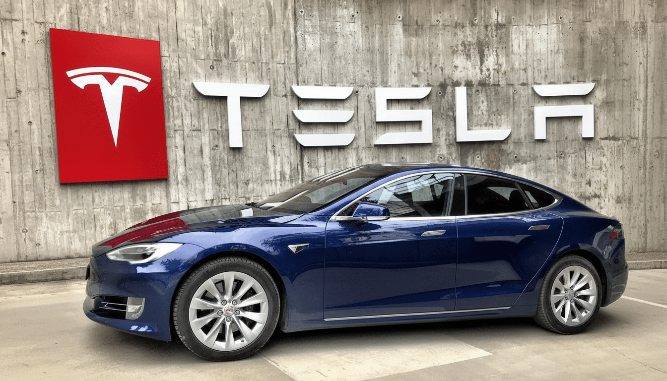A blue Tesla Model S parked in front of a concrete wall with the red Tesla logo and white Tesla wordmark.