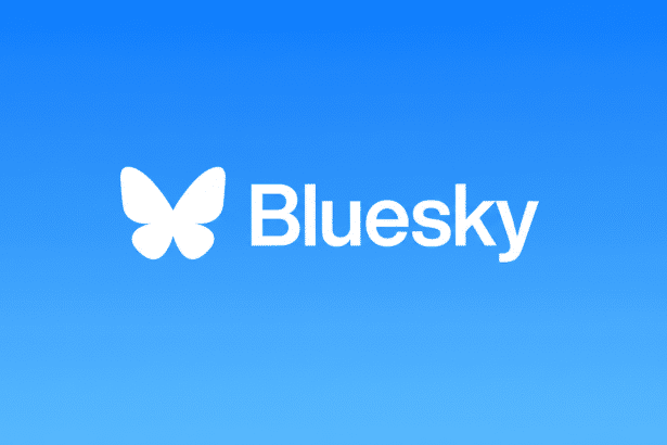 The Bluesky logo featuring a white butterfly icon next to the word Bluesky in white text , all set against a gradient blue background. Filename : bluesky logo. png