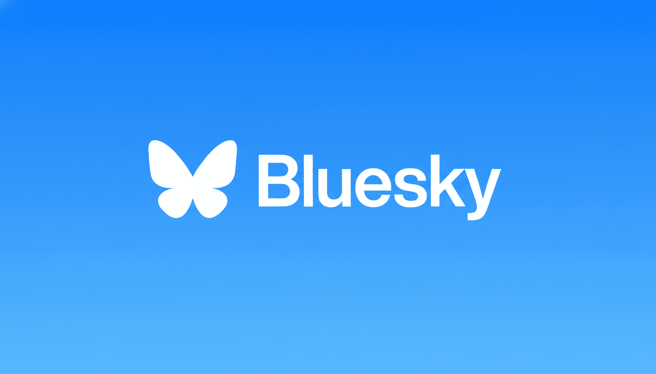 The Bluesky logo featuring a white butterfly icon next to the word Bluesky in white text , all set against a gradient blue background. Filename : bluesky logo. png