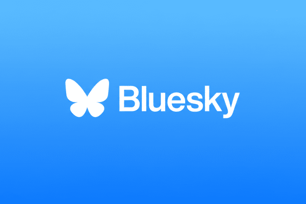 The Bluesky logo, featuring a white butterfly icon and the word Bluesky in white text , set against a vibrant blue gradient background. The image is professionally presented with a 16 :9 aspect ratio .