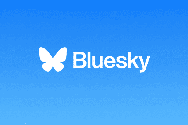 The Bluesky logo, featuring a white butterfly icon and the word Bluesky in white text, all set against a vibrant blue gradient background.