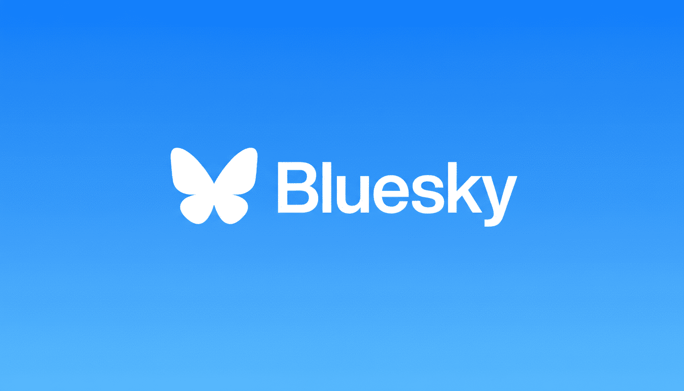 The Bluesky logo, featuring a white butterfly icon and the word Bluesky in white text, all set against a vibrant blue gradient background.