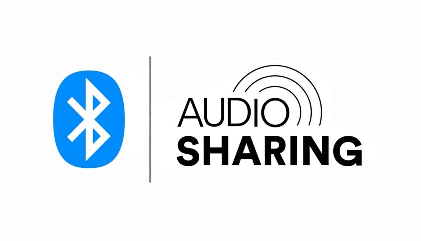 A 16: 9 image showing the Bluetooth logo in blue on the left, separated by a vertical line from the text AUDIO SHARING in black with sound waves emana