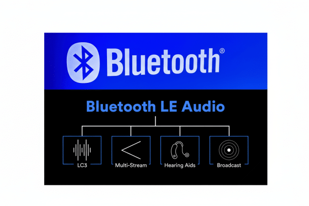 An enhanced graphic showcasing Bluetooth LE Audio capabilities, including LC3, Multi-Stream, Hearing Aids, and Broadcast, on a flat professional white