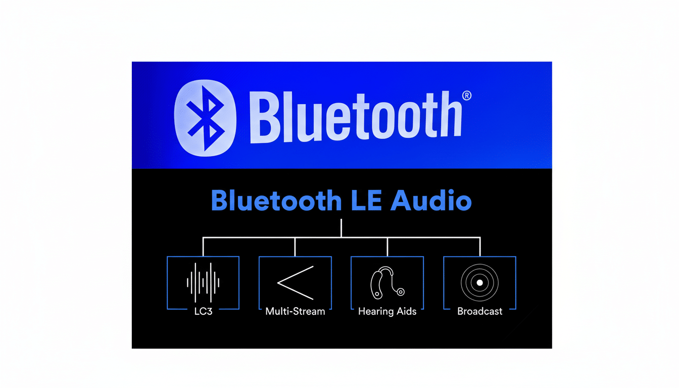 An enhanced graphic showcasing Bluetooth LE Audio capabilities, including LC3, Multi-Stream, Hearing Aids, and Broadcast, on a flat professional white