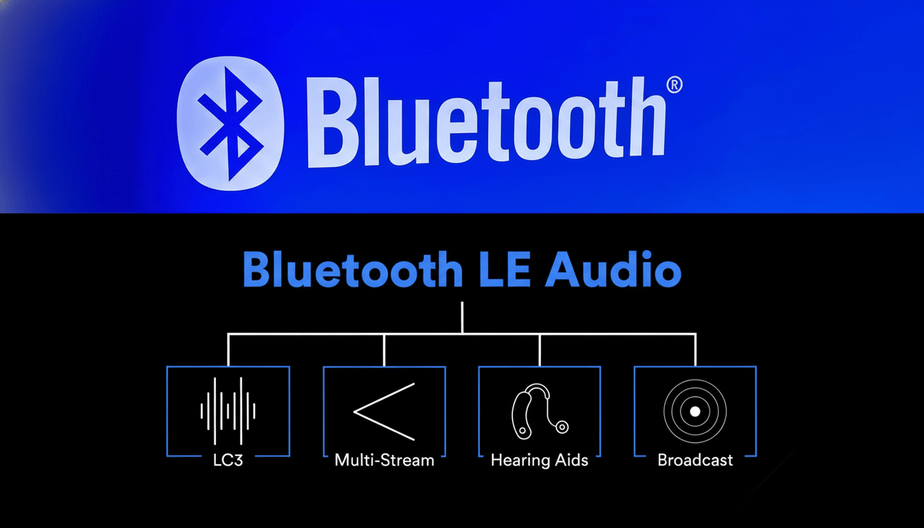 An infographic detailing Bluetooth LE Audio features, including LC 3, Multi- Stream, Hearing Aids, and Broadcast, set against a blue and black backgro