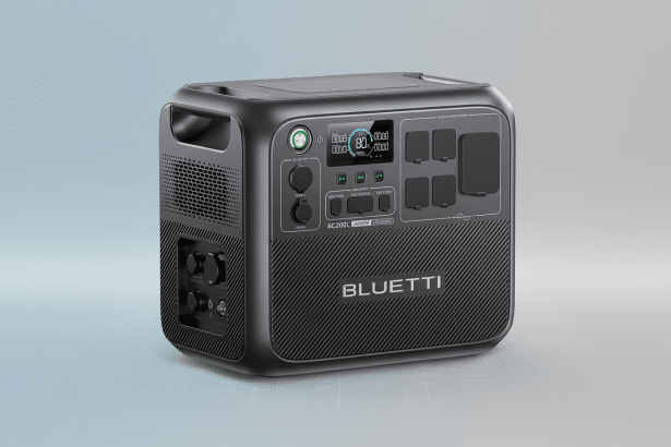 A professional , enhanced image of a dark gray Bluetti AC2 00L portable power station on a subtle gradient background with geometric patterns, resized to a 1 6:9 aspect ratio. Filename : bluetti ac200 lpower station.png