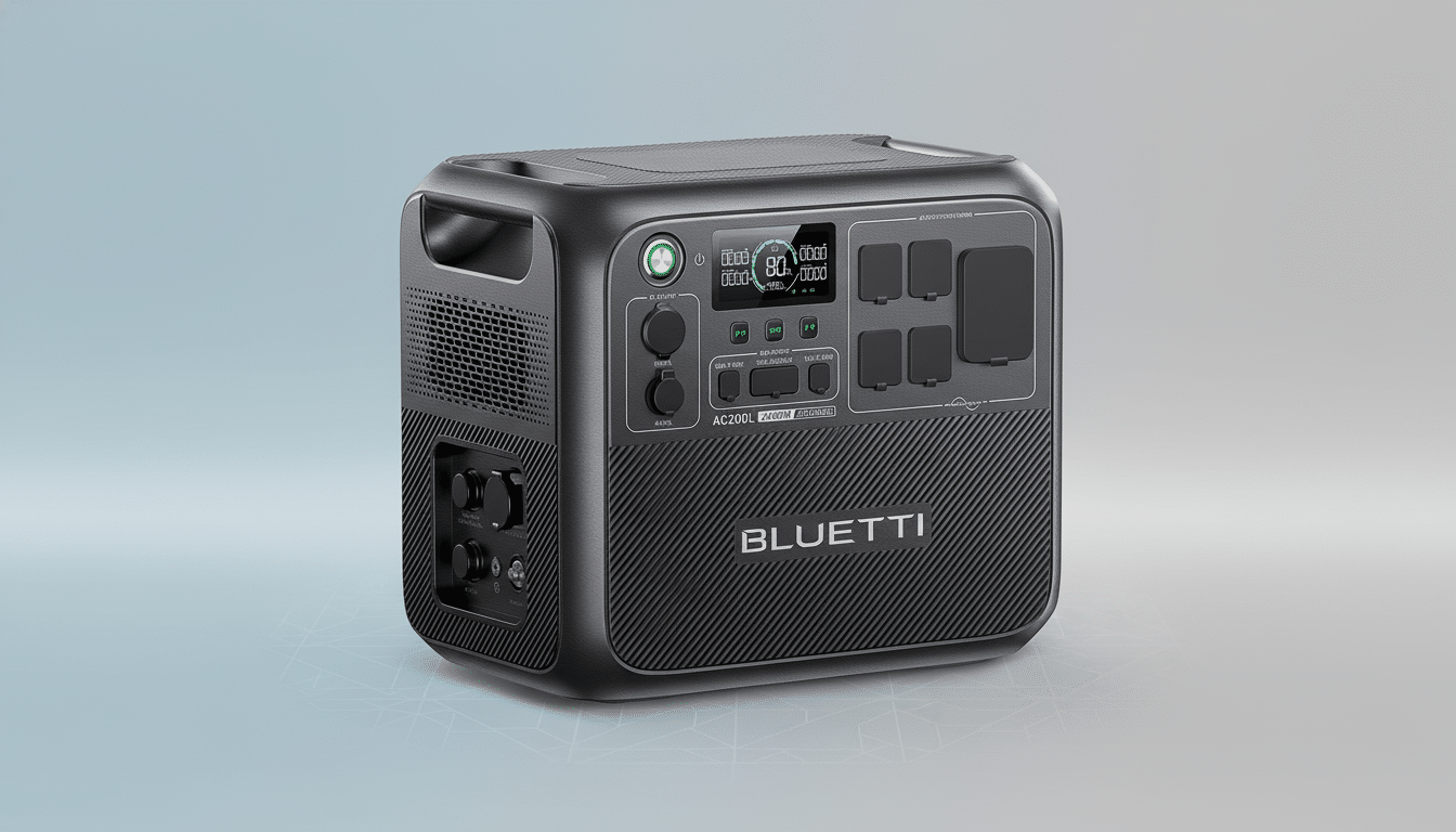 A professional , enhanced image of a dark gray Bluetti AC2 00L portable power station on a subtle gradient background with geometric patterns, resized to a 1 6:9 aspect ratio. Filename : bluetti ac200 lpower station.png