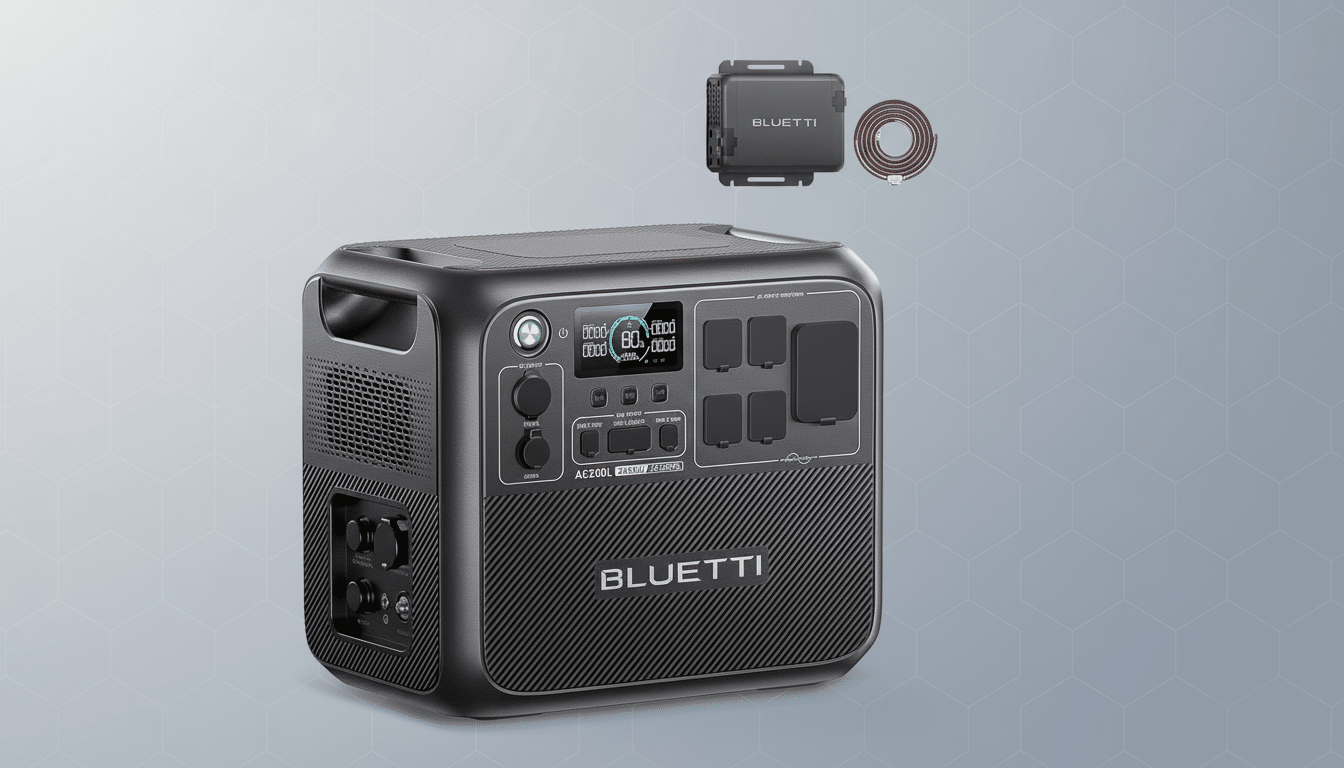 A black Bluetti AC200 L portable power station with an attached power adapter and charging cable, set against a subtle gray geometric background.