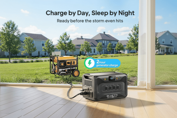 A black BL UETTI power station charging an orange portable generator, with text Charge by Day, Sleep by Night and Ready before the storm even hits and a 2 hour generator charge icon , set against a suburban background viewed from inside a house.