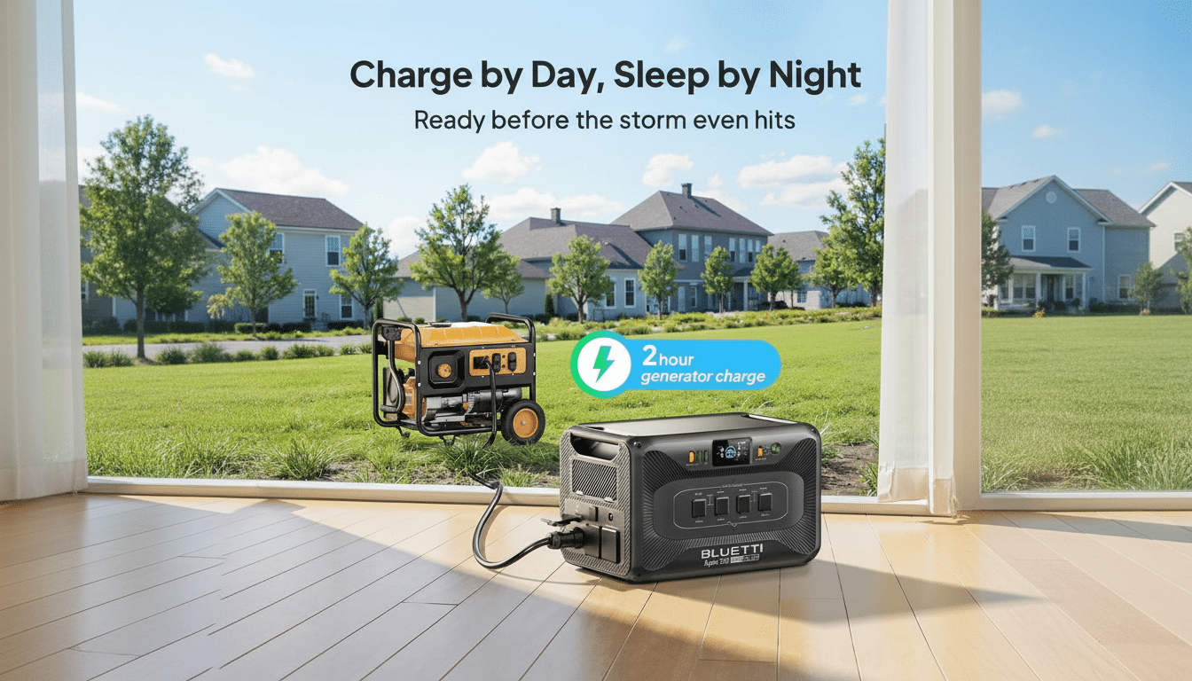 A black BL UETTI power station charging an orange portable generator, with text Charge by Day, Sleep by Night and Ready before the storm even hits and a 2 hour generator charge icon , set against a suburban background viewed from inside a house.