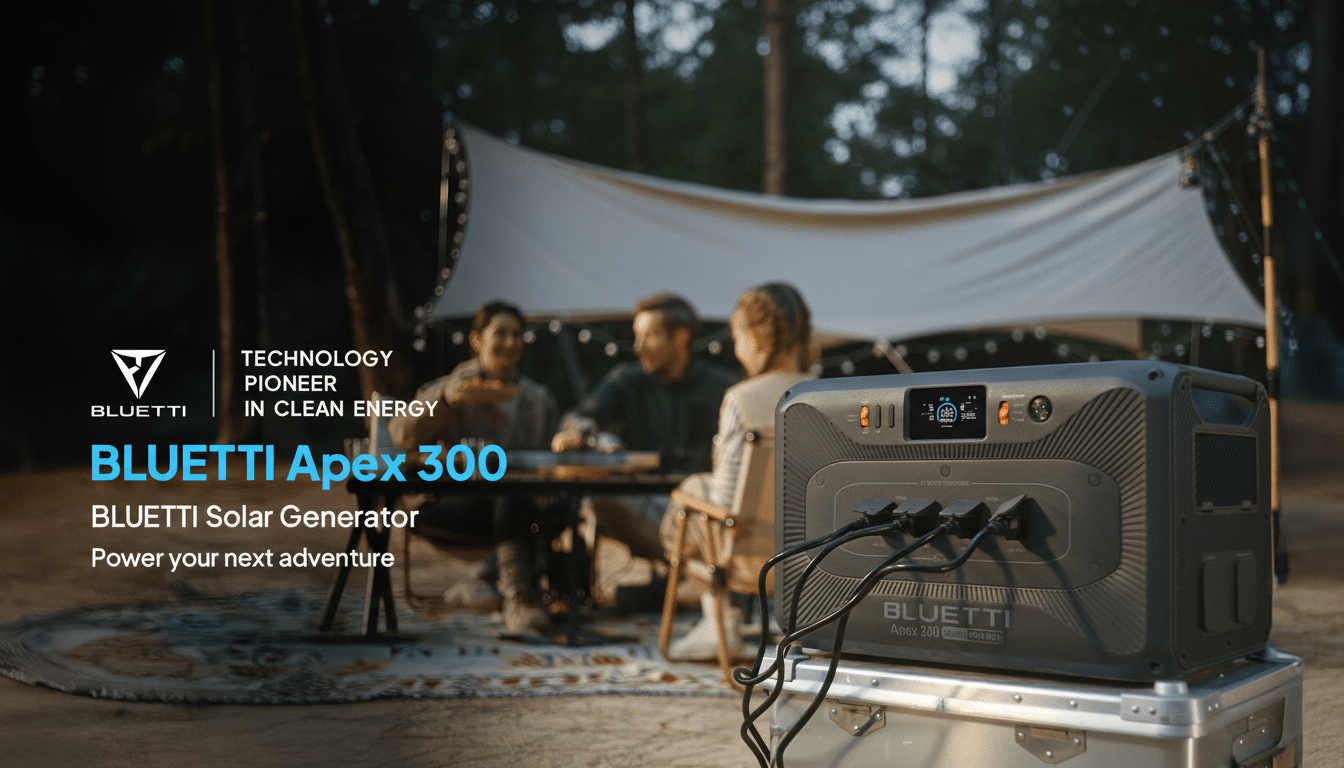 The BL UETTI Apex 300 solar generator is shown in the foreground, powering devices at a campsite where three people are seated around a table under a tent. The BL UETTI logo and  TECHNOLOGY PIONE ER IN CLEAN ENERGY  text are visible on the left side of the image.