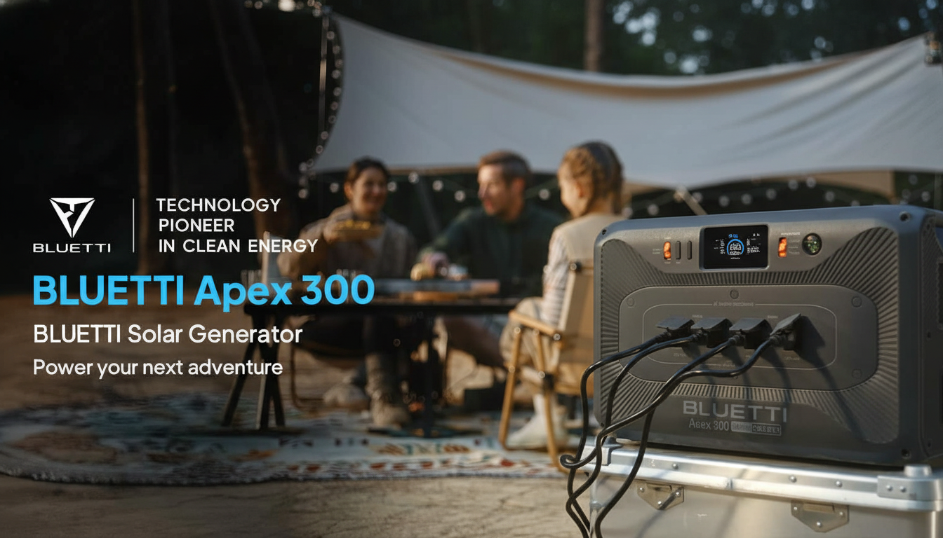 A BL UETTI Apex 300 solar generator with charging cables, set against a blurred background of three people sitting around a table at a campsite . Text overlays promote BLUETTI as a Technology Pioneer in Clean Energy  and the  BLUETTI Solar Generator - Power your next adventure .