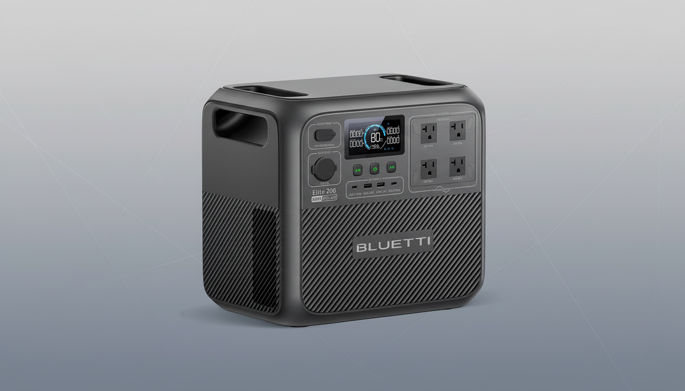 A professional image of a dark gray portable power station with a digital display and multiple outlets, set against a subtle gray gradient background.