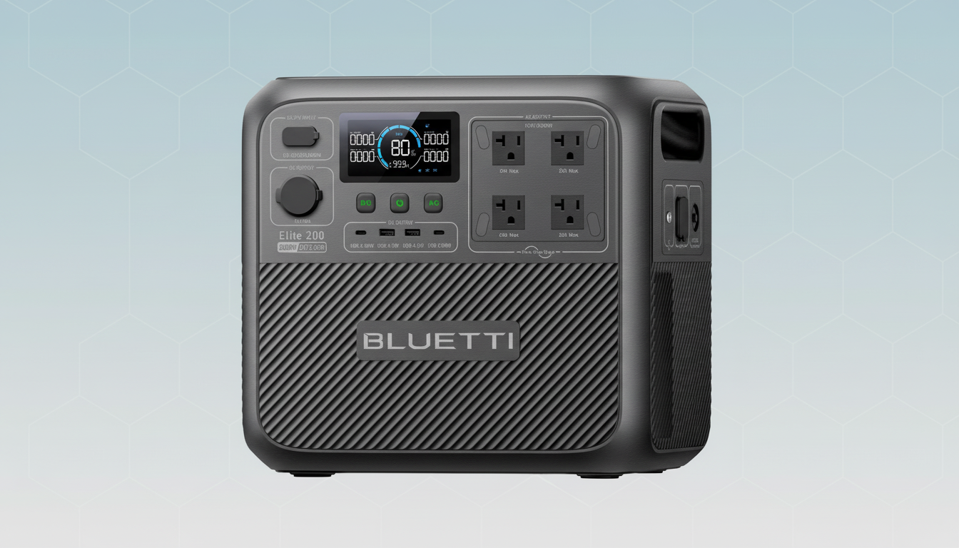 A Bluetti Elite 200 portable power station with a digital display showing 80% charge, set against a professional flat design background with soft patterns.